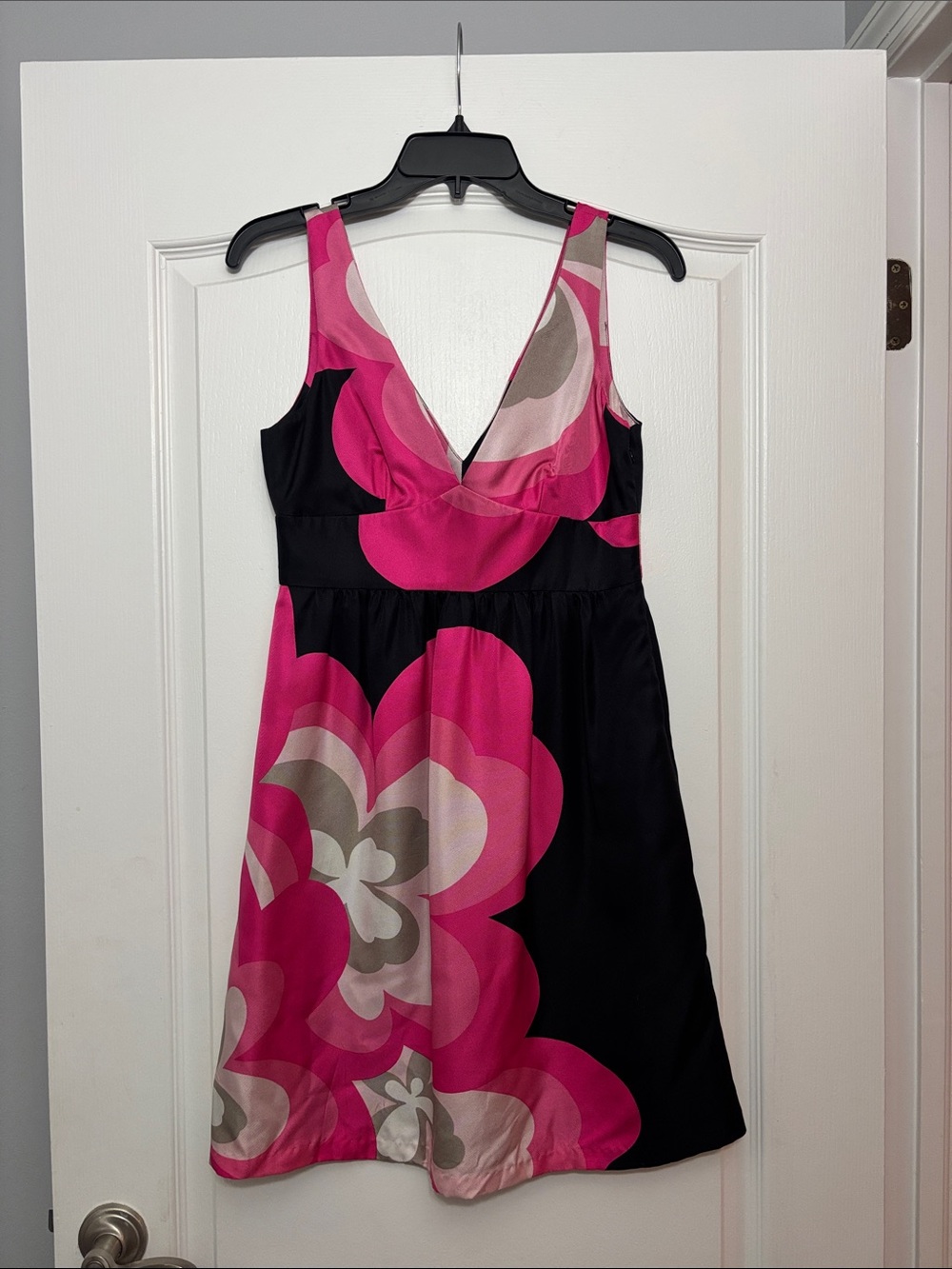 Tibi Pink and Black Floral V-Neck Mini Dress